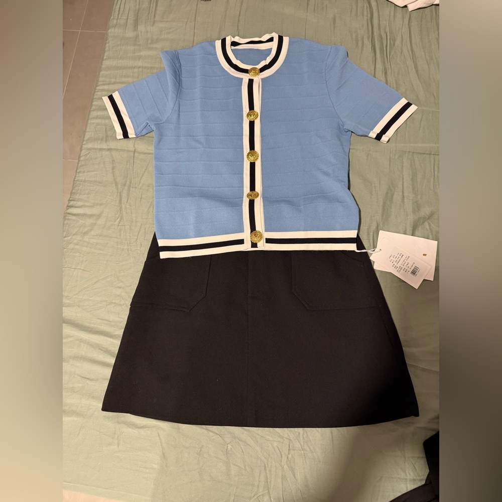 Blue and Black Short Sleeve Dress with Gold Buttons